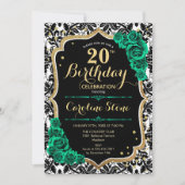 ブラックダマスク金ゴールドグリーンバラ20誕生日 招待状 (正面)