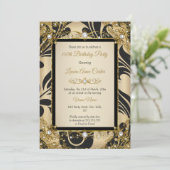 ブラックダマスク金ゴールドベージュフォトバースデーパーティー 招待状 (スタンド正面)