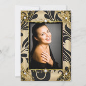 ブラックダマスク金ゴールドベージュフォトバースデーパーティー 招待状 (裏面)