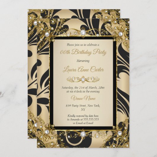 ブラックダマスク金ゴールドベージュフォトバースデーパーティー 招待状 (正面/裏面)
