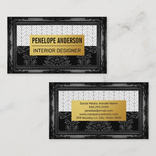 ブラックダマスク金ゴールドメタル |フレークラシックム 名刺 (正面/裏面)