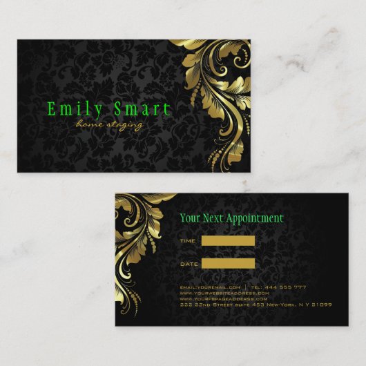 ブラックダマスク金ゴールドレース 名刺 (正面/裏面)