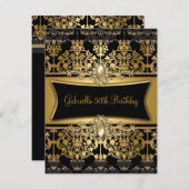 ブラックダマスク金ゴールド50thバースデーパーティーパール 招待状 (正面/裏面)
