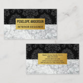 ブラックダマスク金属パターン |白大理石 名刺 (正面/裏面)