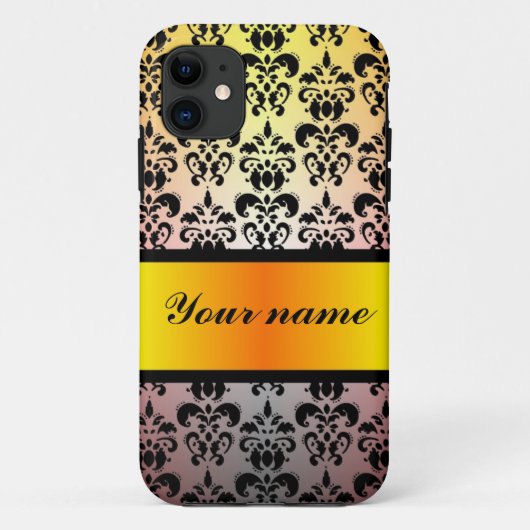 ブラックダマスク&オレンジ金ゴールドリボン Case-Mate iPhoneケース (裏面)