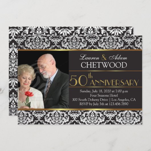 ブラックダマスク フォト 50周年 結婚記念日 招待状 (正面/裏面)
