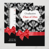 ブラックダマスク&レッドリボン卒業招待状 招待状 (正面/裏面)