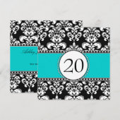 ブラックダマスク 20歳の誕生日招待状 アクアブルー 招待状 (正面/裏面)