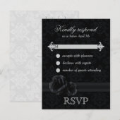 ブラックダマスクRSVPポストカードとレースバラ インビテーションポストカード (正面/裏面)