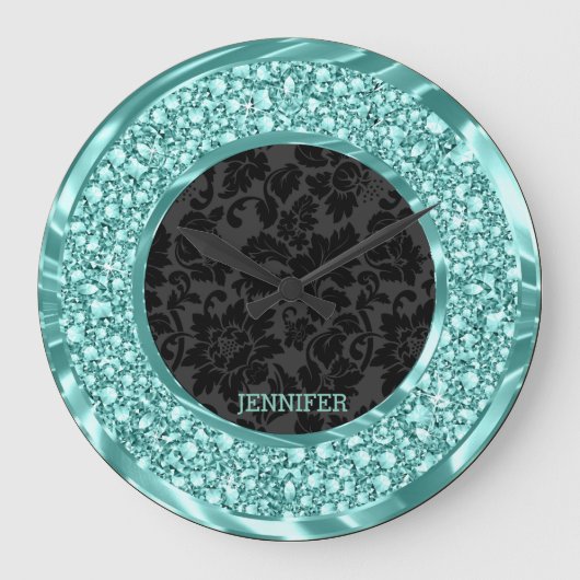 ブラックダマスグきらめくリーンダイアモンドグリッター ラージ壁時計 (正面)