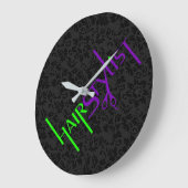 ブラックダマスグリーンパープル文字 ラージ壁時計 (傾斜)