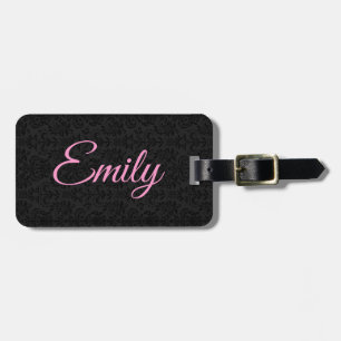 ブラックダマスパターンピンクタイポグラフィ ラゲッジタグ