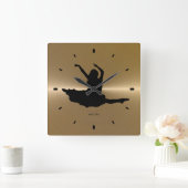 ブラックダンサーシルエット金ゴールドステンレス鋼 スクエア壁時計 (ホーム)