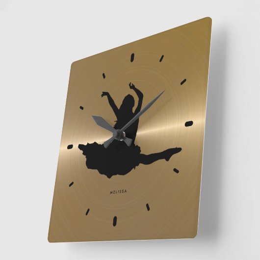 ブラックダンサーシルエット金ゴールドステンレス鋼 スクエア壁時計 (傾斜)