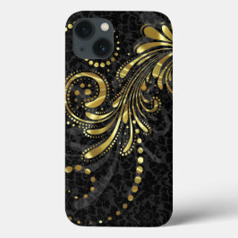 ブラックダンパー上のメタリックな黄色の金ゴールドフローラ旋回 iPhone 13ケース