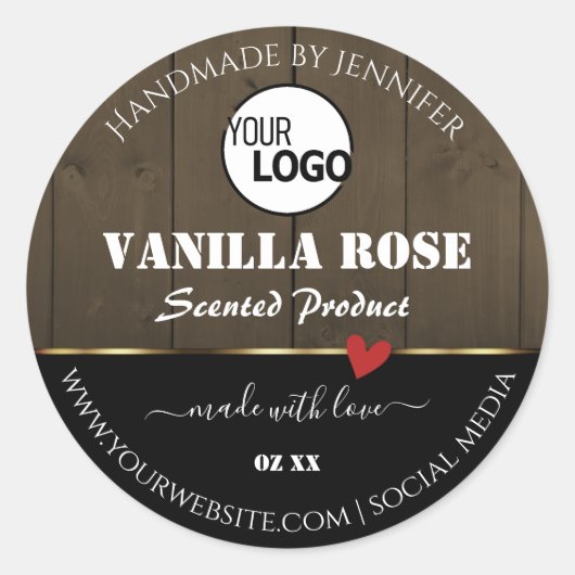 ブラックダークブラウン木目の製品ラベルのロゴ ラウンドシール (正面)