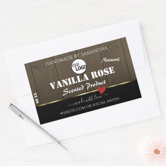 ブラックダークブラウン木目の製品ラベルのロゴ 長方形シール (封筒)