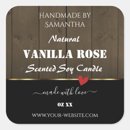 ブラックダークブラウン木目製品ラベルハート スクエアシール (正面)