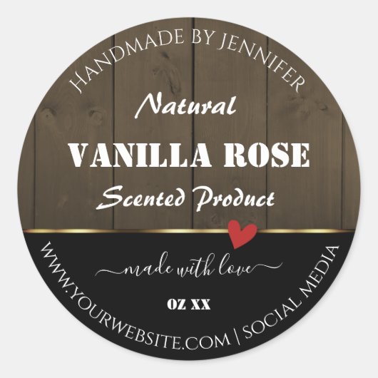 ブラックダークブラウン木目製品ラベルハート ラウンドシール (正面)