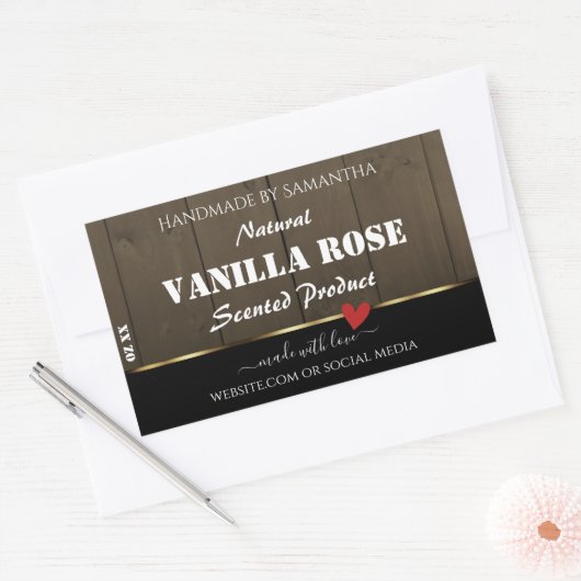 ブラックダークブラウン木目製品ラベルハート 長方形シール (封筒)