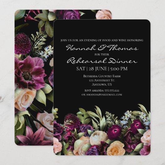 ブラックダークムーディエレガントフローラリハーサルディナー 招待状 (正面/裏面)
