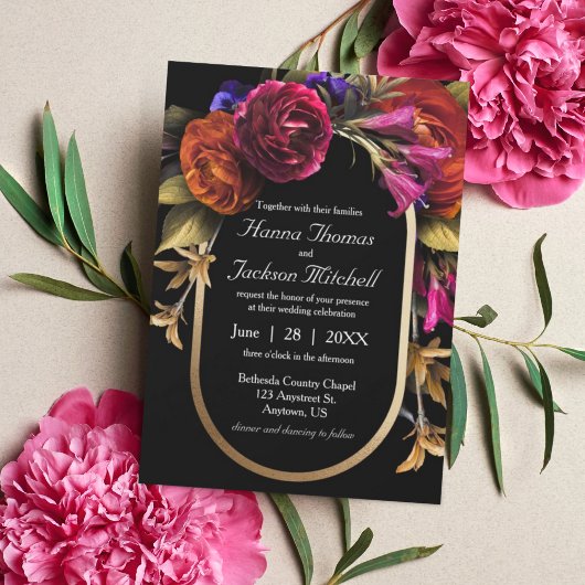 ブラックダークムーディエレガントーフローラ秋結婚の ポストカード