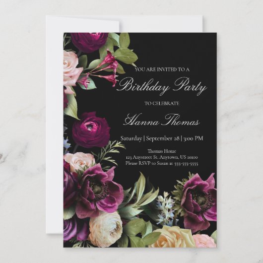 ブラックダークムーディエレガントーフローラ誕生日パーティー 招待状 (正面)