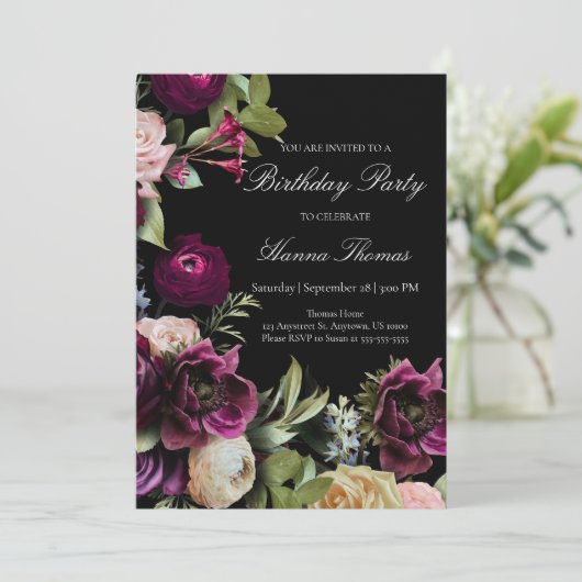 ブラックダークムーディエレガントーフローラ誕生日パーティー 招待状 (スタンド正面)