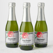 ブラックチェックのミニスパークリングワインボトルラベルに赤いバラ スパークリングワインラベル (ボトル)