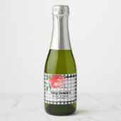 ブラックチェックのミニスパークリングワインボトルラベルに赤いバラ スパークリングワインラベル (正面)