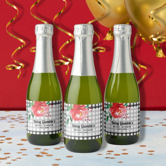 ブラックチェックのミニスパークリングワインボトルラベルに赤いバラ スパークリングワインラベル