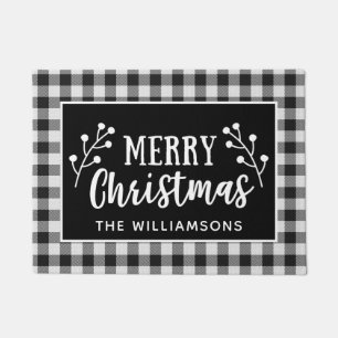 ブラックチェックメリークリスマスファームハウスドア ドアマット