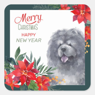 ブラックチャウドッグポインセチア縁どスクリスマス スクエアシール