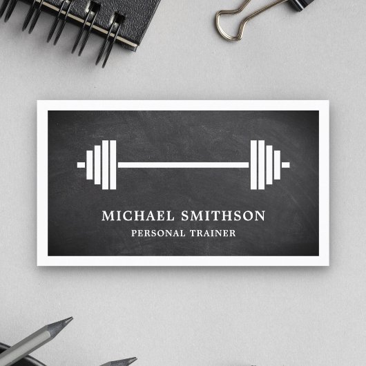 ブラックチャルクボードバーベルフィットネスパーソナルトレーナー 名刺