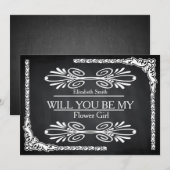 ブラックチョークボードの渦巻き あなたは私のフラワーガールになってくれる? 招待状 (正面/裏面)