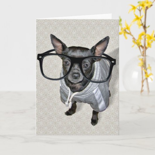 ブラックチワワとメガネ写真 カード (黄色い花)