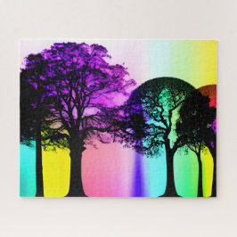 ブラックツリーシルエットと虹の背景 ジグソーパズル