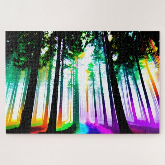 ブラックツリーシルエット付き水色レインボー ジグソーパズル (横)