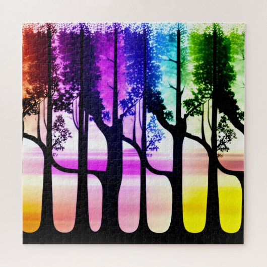 ブラックツリーシルエットin抽象芸術カラフルフォレスト ジグソーパズル (横)