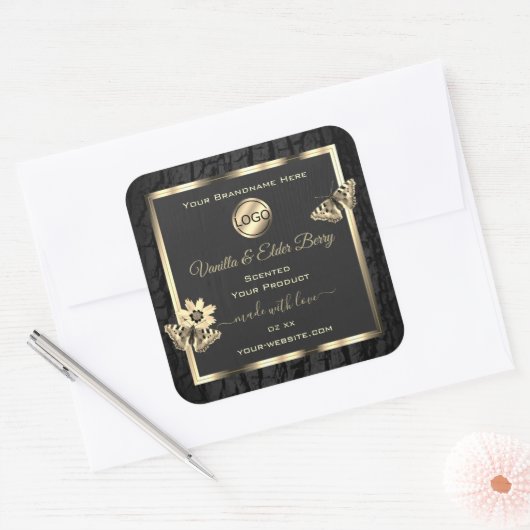 ブラックツリーバーク木目金ゴールド製品ラベルロゴ スクエアシール (封筒)
