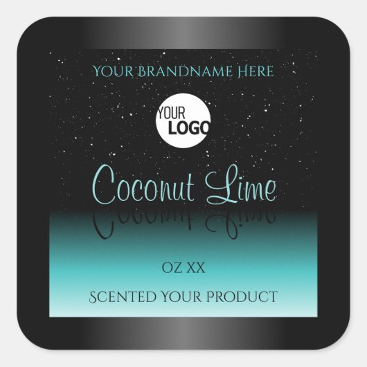 ブラックティール（緑がかった色）グラデーション製品ラベルソフトグリッターロゴ スクエアシール (正面)