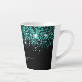 ブラックティール（緑がかった色）グリッター名glamスクリプト カフェラテマグ