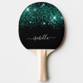 ブラックティール（緑がかった色）グリーングリッターモノグラム名 卓球ラケット (正面)