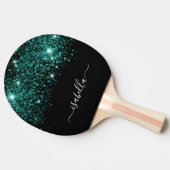 ブラックティール（緑がかった色）グリーングリッターモノグラム名 卓球ラケット (横)