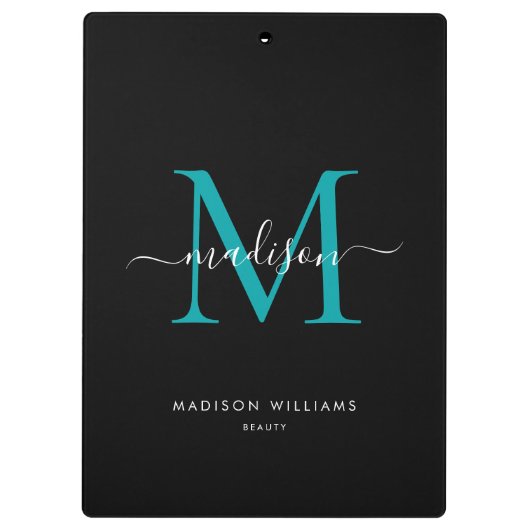 ブラックティール(緑がかった色)グリーンモノグラムエレガントスクリプト名 クリップボード (裏面)