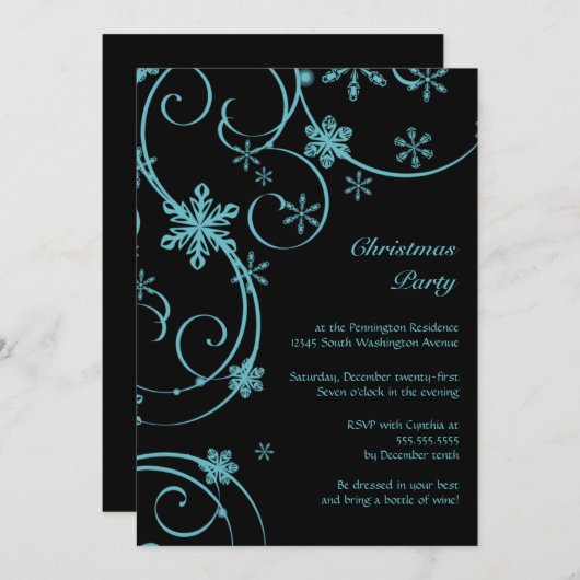 ブラックティール（緑がかった色）スノーフレークズクリスマスパーティの招待状 招待状 (正面/裏面)