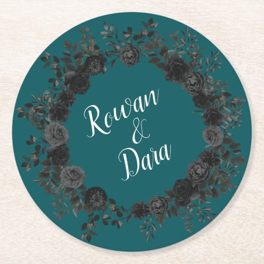 ブラックティール（緑がかった色）バラゴシックエレガントな結婚式 ラウンドペーパーコースター (正面)