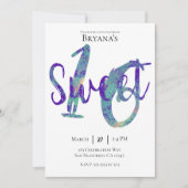 ブラックティール(緑がかった色)パープル金ゴールドスウィート16バースデーパーティー 招待状 (正面)