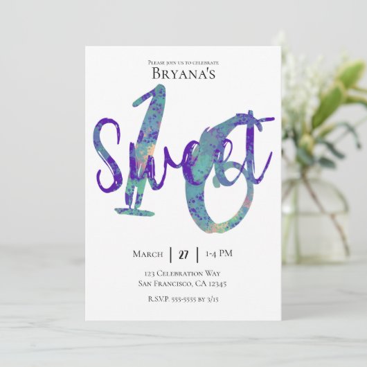 ブラックティール(緑がかった色)パープル金ゴールドスウィート16バースデーパーティー 招待状 (スタンド正面)