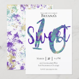 ブラックティール（緑がかった色）パープル金ゴールドスウィート16バースデーパーティー 招待状